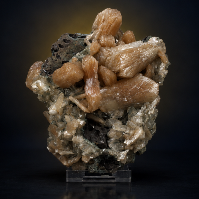 Stilbite Bladed Crystal Group and Heulandite Cluster on Basalt Matrix | 400 g | 10 × 6 × 5 cm