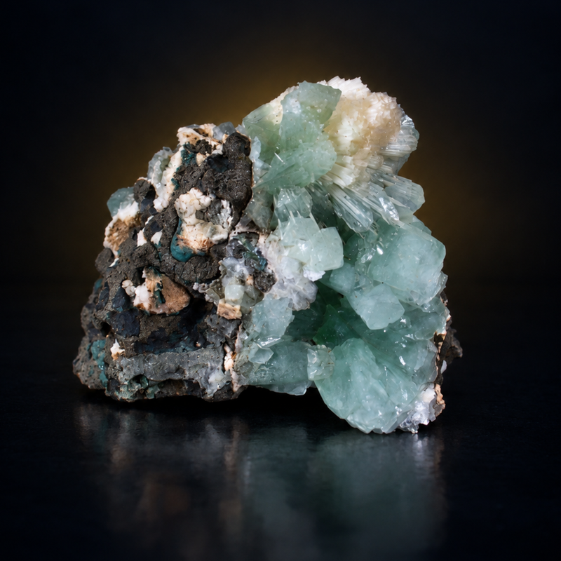 Green Apophyllite Tabular Crystal Group with Stilbite | 110 g | 7 × 6 × 5 cm