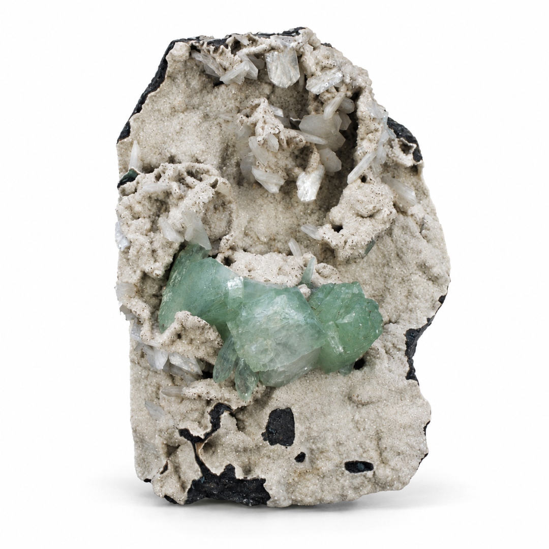 Natural Green Apophyllite with Heulandite Crystal Specimen – India