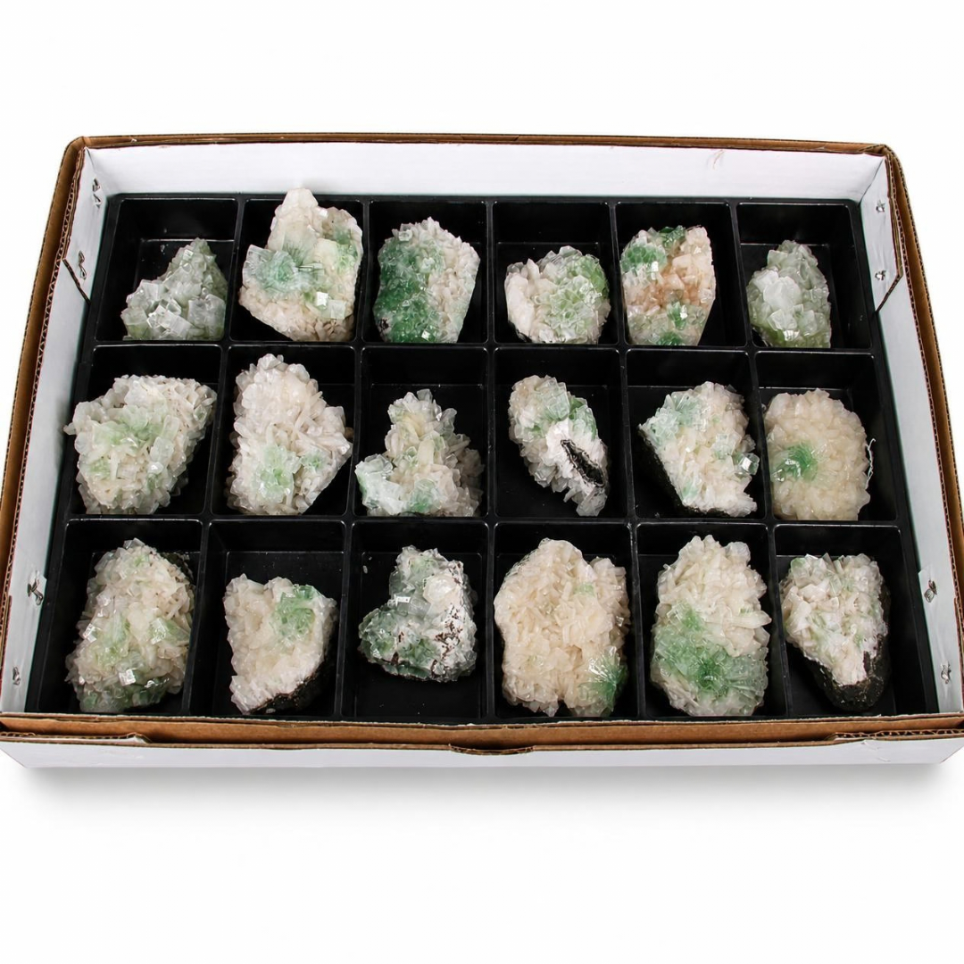 Natural Green Apophyllite Stilbite Heulandite Crystal Lot – 32 PCS – India
