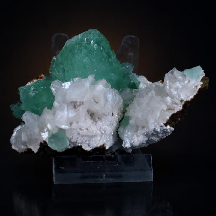 Green Apophyllite Prismatic Crystal Group on Dark Rock Matrix — Maharashtra, Pune, India | 140 g | 9 × 6 × 6 cm