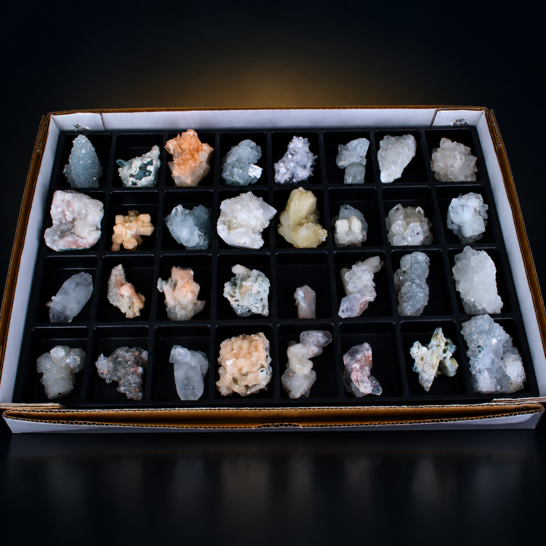 Mixed Natural Apophyllite, Stilbite &amp; Zeolite Mineral Lot – 32 Pieces