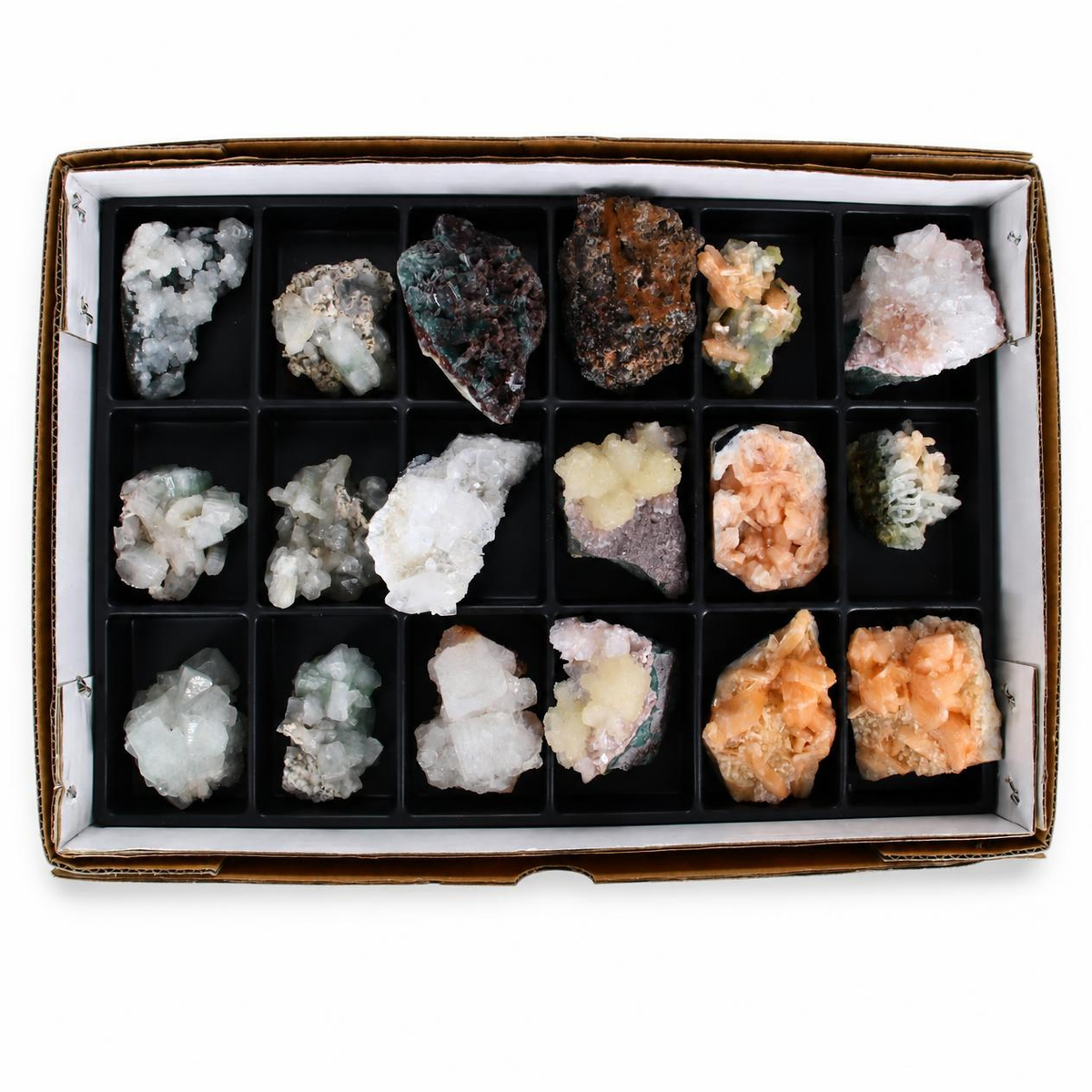 Mixed Apophyllite, Stilbite, Heulandite, Calcite &amp; Quartz Chalcedony Crystal Lot – 18 Pieces