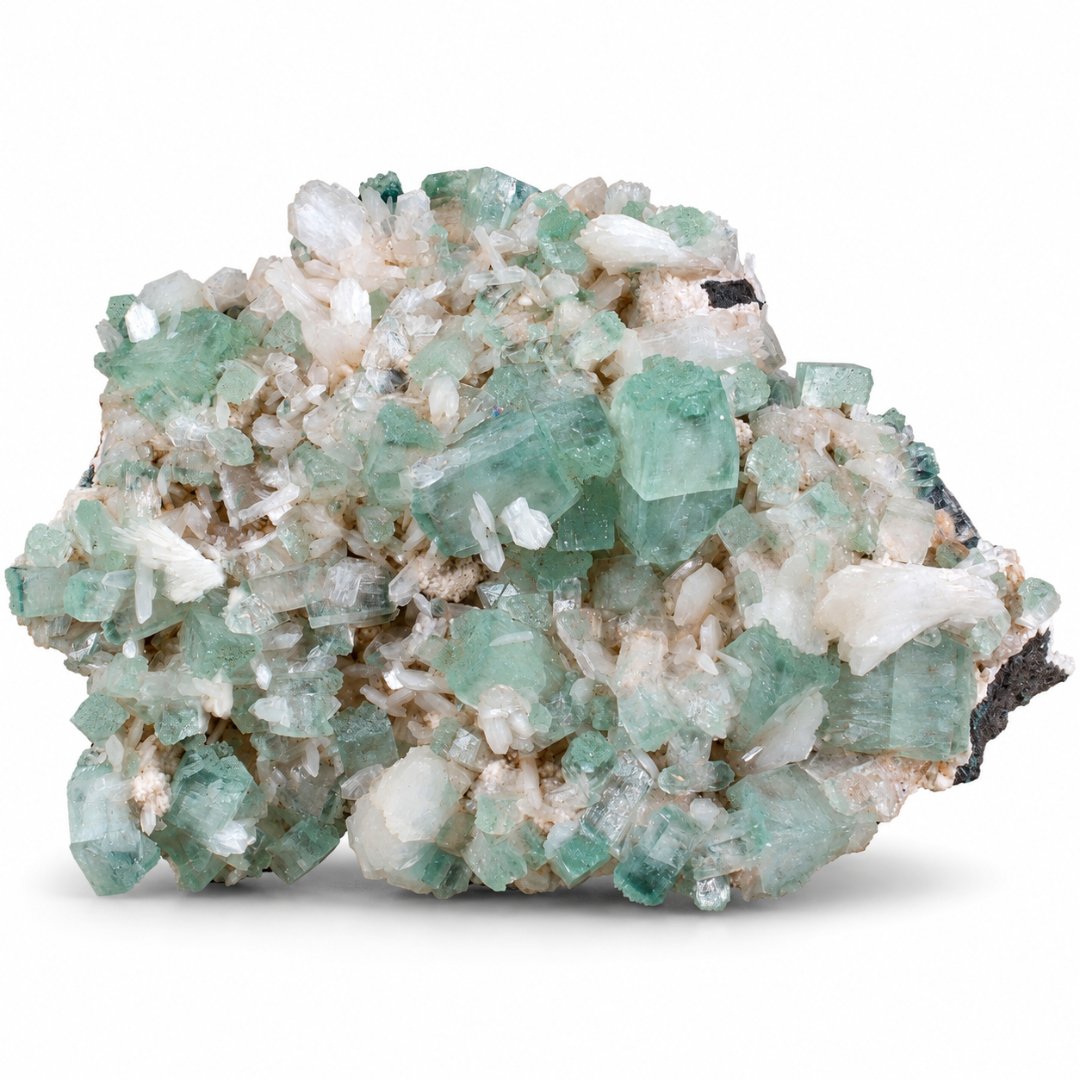 Natural Green Apophyllite with Heulandite Crystal Specimen – India