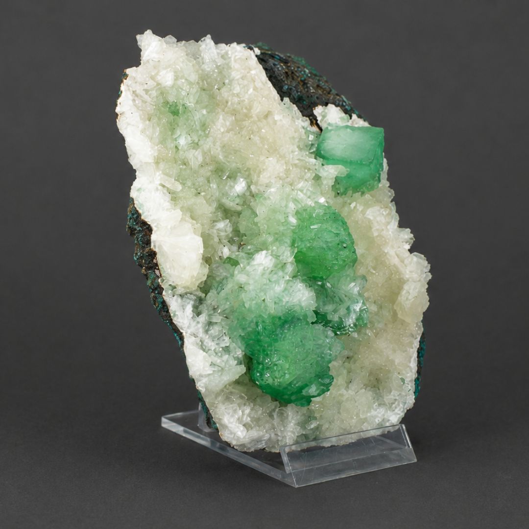 Green Apophyllite Crystals with White Stilbite on Contrasting Rock Matrix | 390 g | 13 × 10 × 3 cm