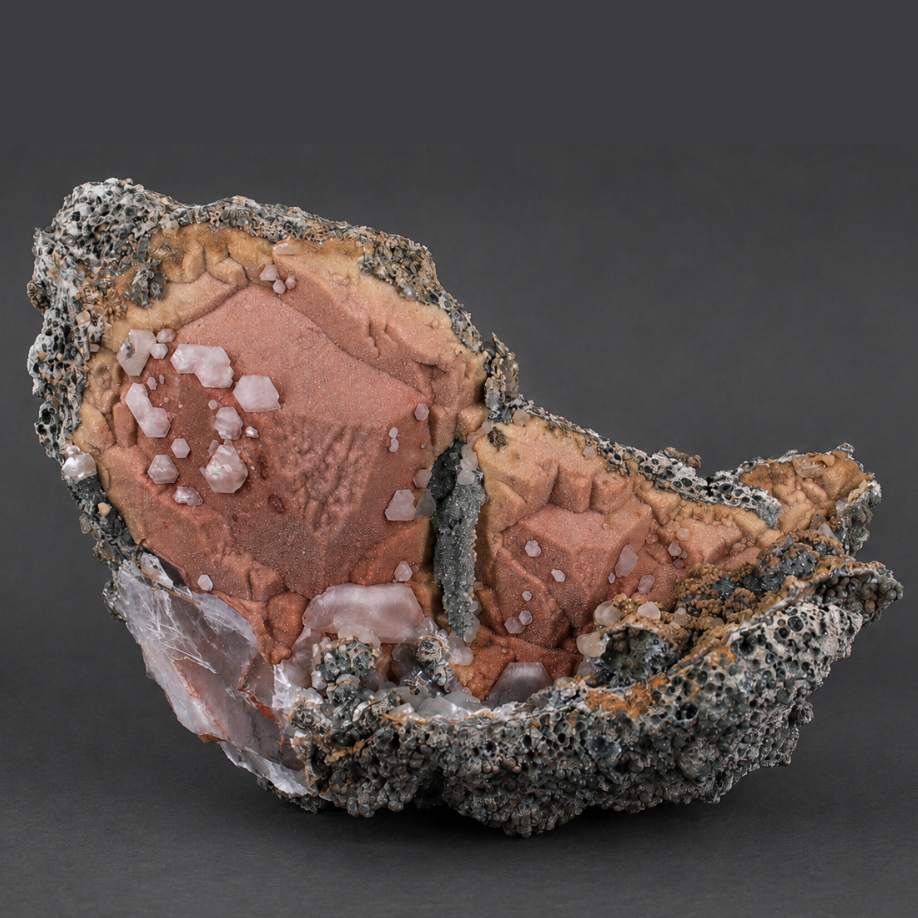 Natural Pink/Peach Heulandite with Calcite & Botryoidal Chalcedony Matrix
