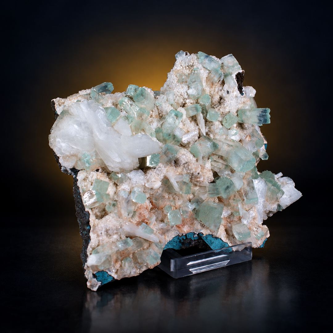 Natural Green Apophyllite with Heulandite Crystal Specimen – India
