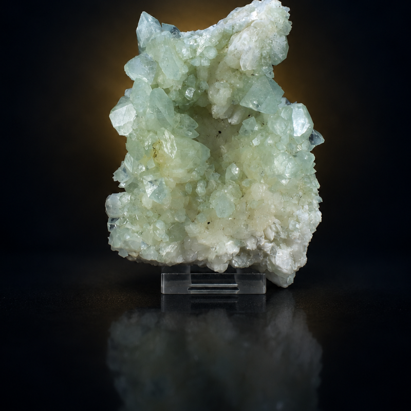green Apophyllite crystals growing with white Stilbite and Heulandite