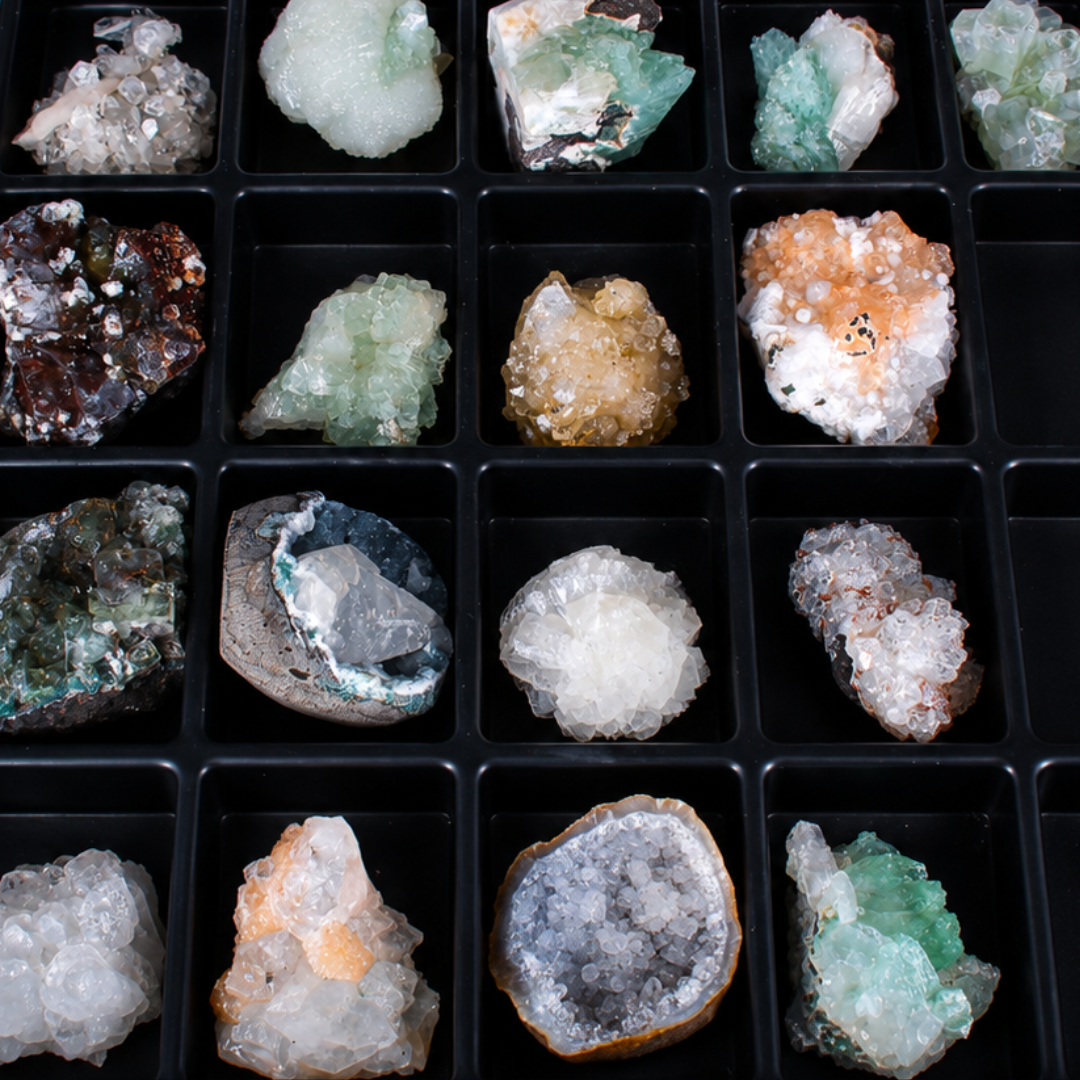 Mixed Natural Apophyllite, Stilbite, Calcite &amp; Quartz Crystal Lot – 32 Pieces