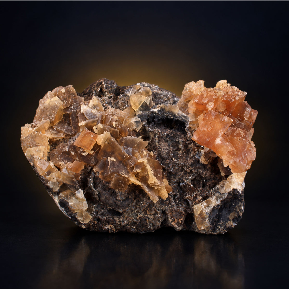Tabular Red Calcite on Dark Rocky Matrix · 250 g · 9 × 7 × 4 cm
