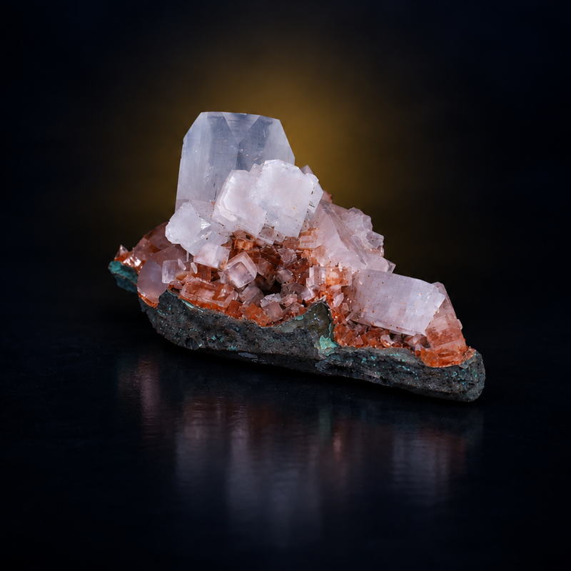 Apophyllite Tabular Crystal Group with Stilbite on Reddish Matrix — India | 50 g | 7 × 4 × 4 cm
