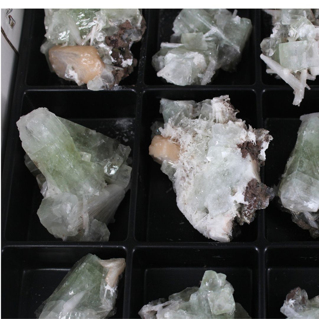 Natural Green Apophyllite, Stilbite with Heulandite Crystal Lot – 11 Pieces from India