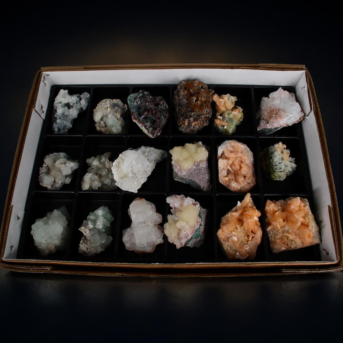 Mixed Apophyllite, Stilbite, Heulandite, Calcite &amp; Quartz Chalcedony Crystal Lot – 18 Pieces