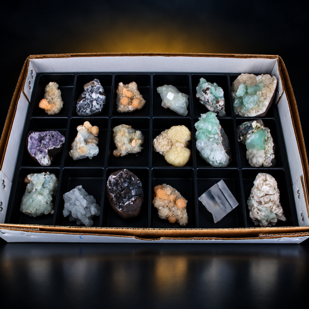 Mixed Green &amp; White Apophyllite, Stilbite &amp; Heulandite Mineral Lot – 32 Pieces