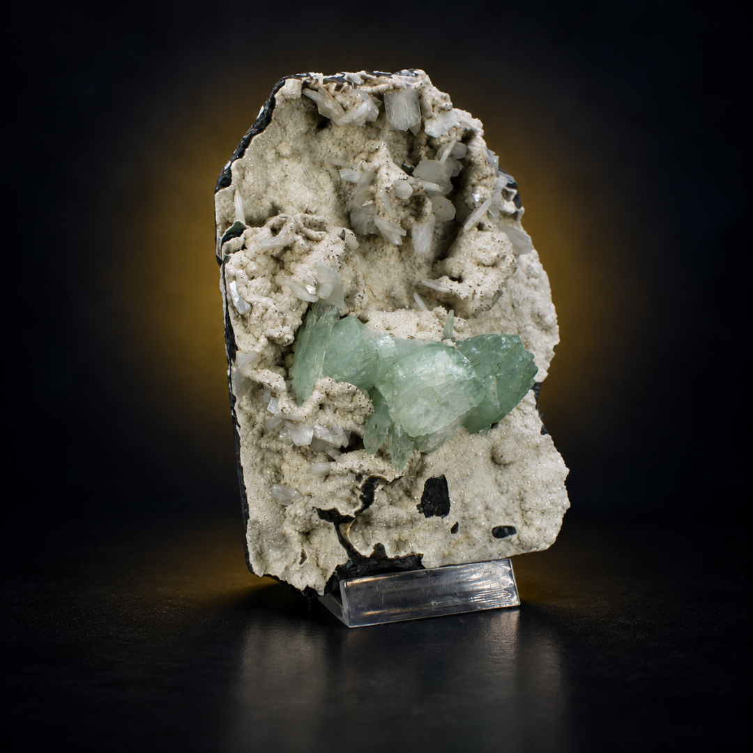Natural Green Apophyllite with Heulandite Crystal Specimen – India