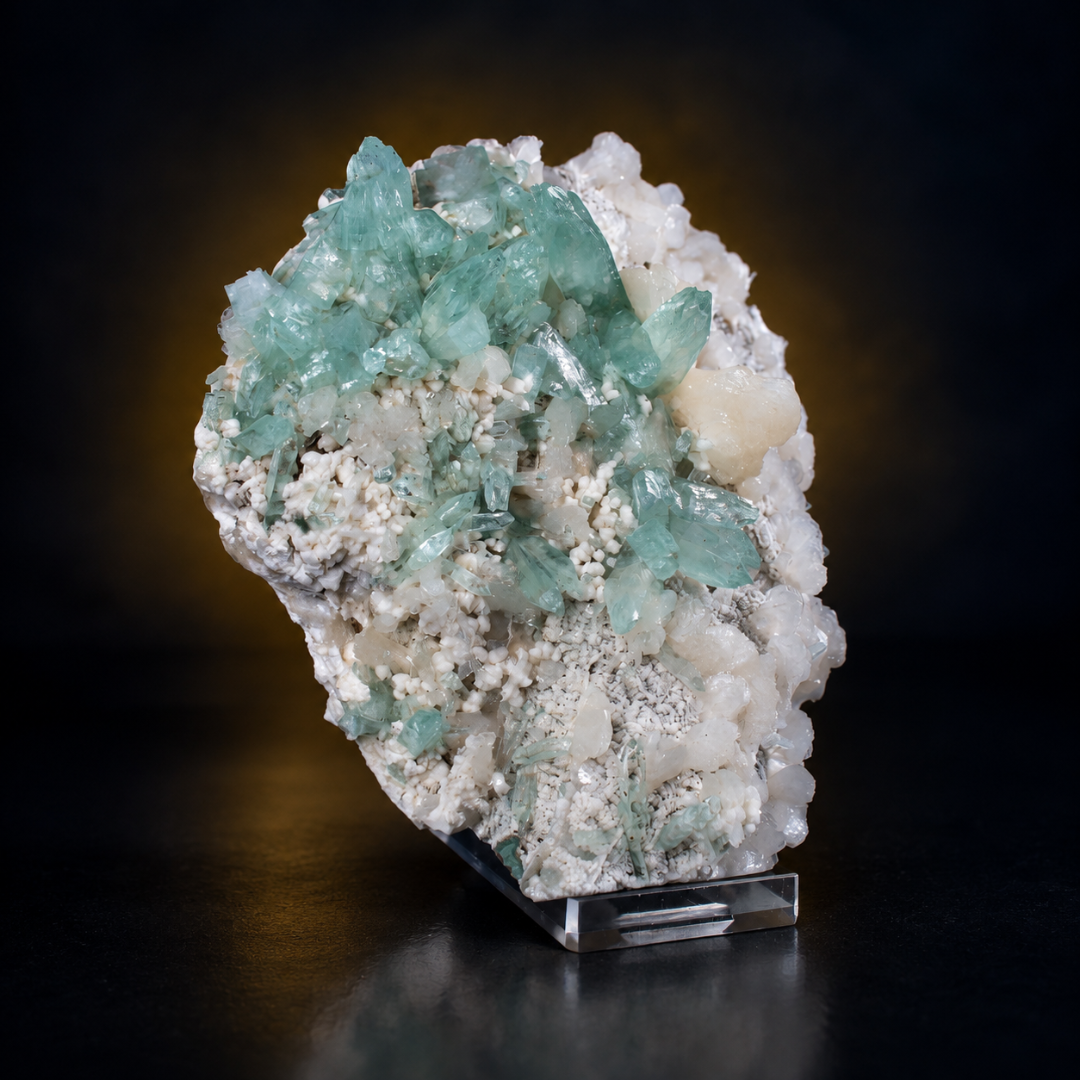 Natural Green Apophyllite with Mordenite Heulandite Crystal Specimen – India