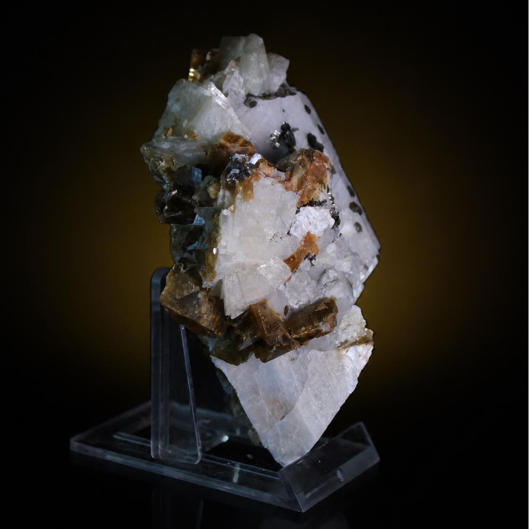 Natural Fluorescent Transparent Apatite with Pyrite & Black Tourmaline on Matrix