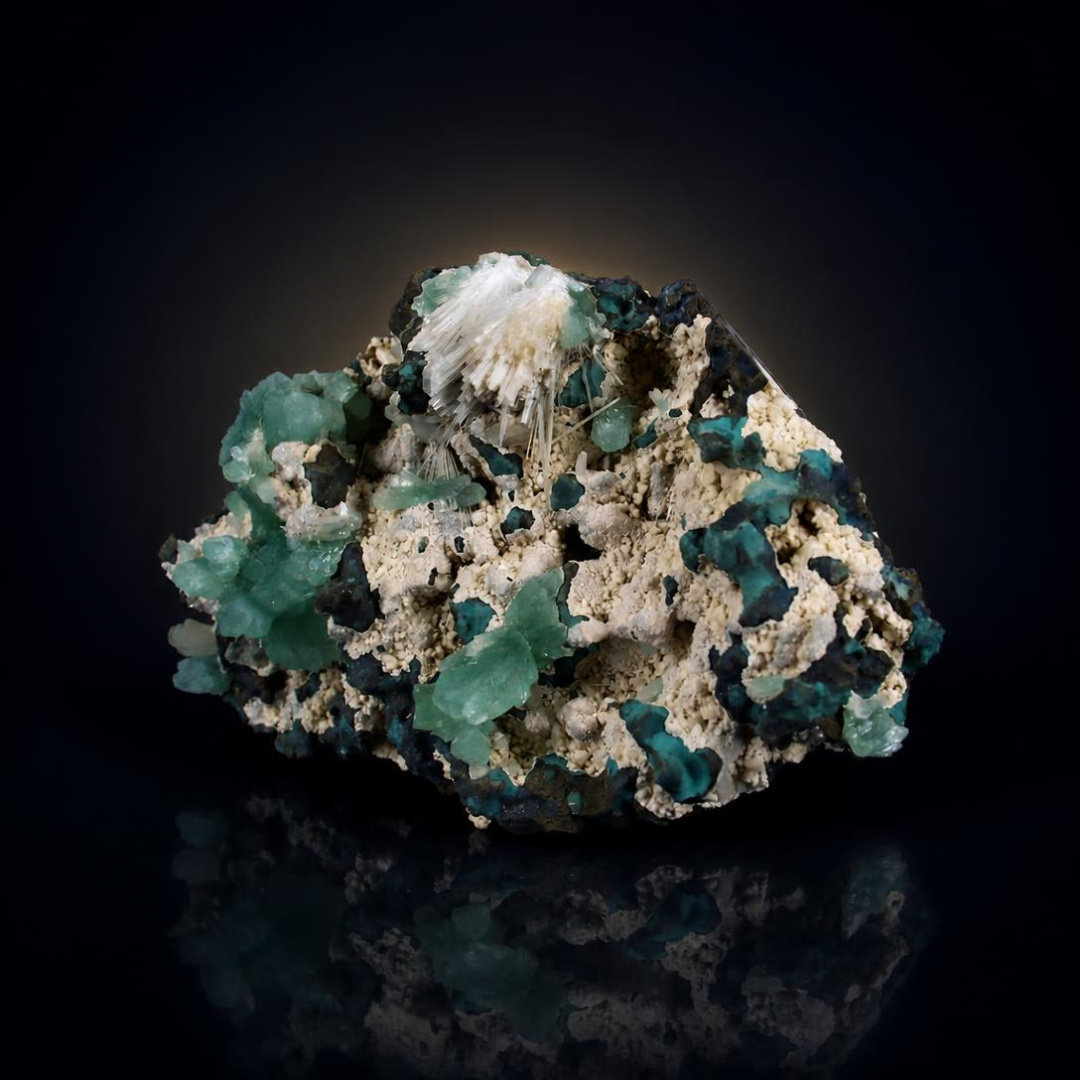 Green Tabular Acicular Apophyllite on Rocky Matrix · 600 g · 16 × 11 × 6 cm