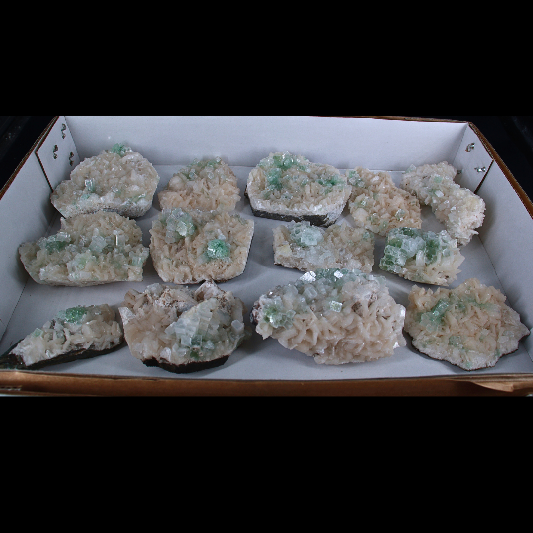 Natural Green Apophyllite with Stilbite &amp; Heulandite Crystal Lot – 13 PCS – Mineral Specimens from India