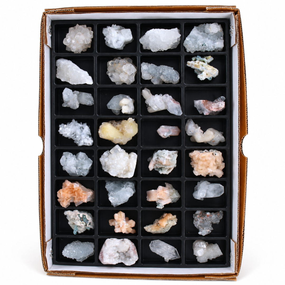 Mixed Natural Apophyllite, Stilbite &amp; Zeolite Mineral Lot – 32 Pieces