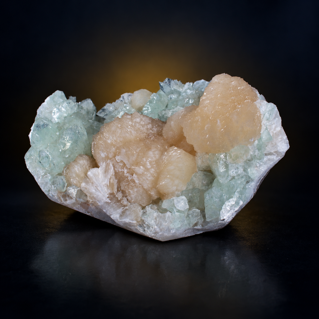 Natural Green Apophyllite with Heulandite Crystal Specimen – India