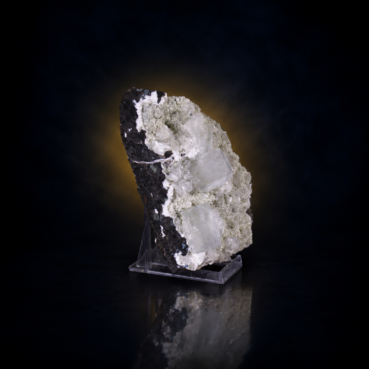 Natural White Apophyllite Crystal Cluster with Stilbite on Basalt Matrix – 500 g