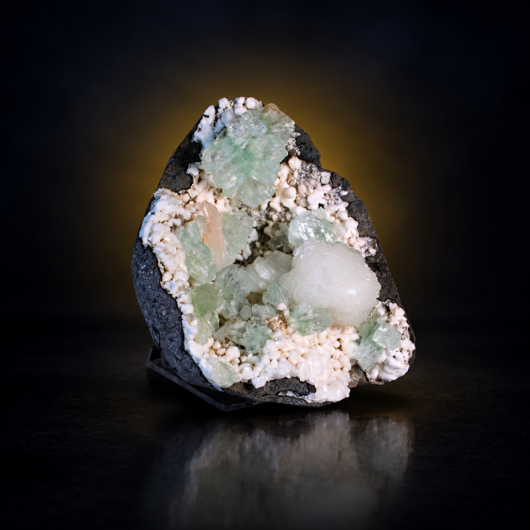 Natural Green Apophyllite with Mordenite Heulandite Crystal Specimen – India