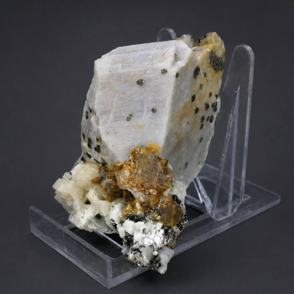 Natural Fluorescent Transparent Apatite with Pyrite & Black Tourmaline on Matrix