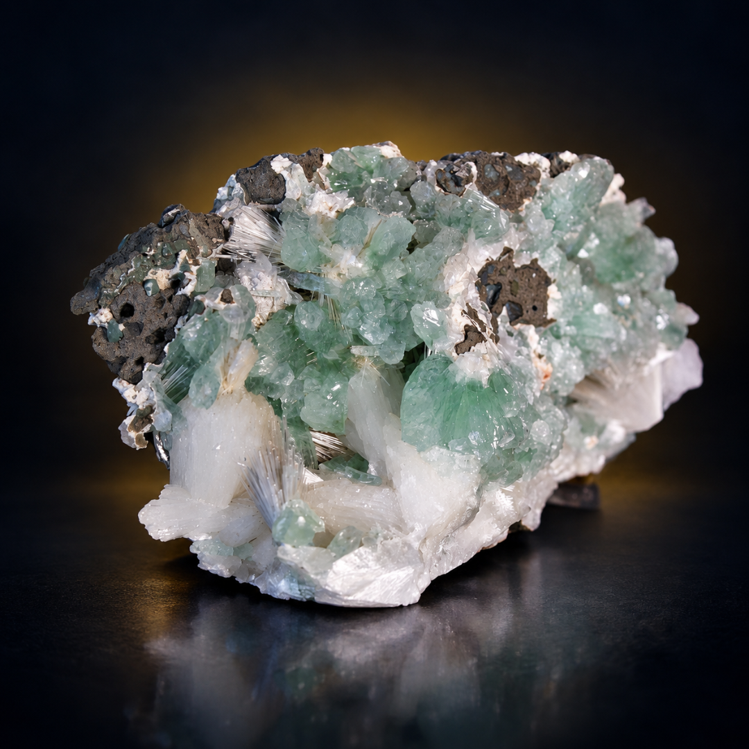 Natural Green Apophyllite with Heulandite & Scolecite Crystal Specimen – India