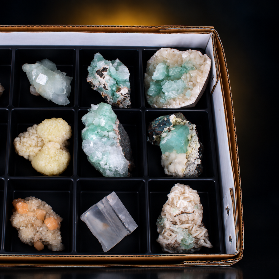 Mixed Green &amp; White Apophyllite, Stilbite &amp; Heulandite Mineral Lot – 32 Pieces