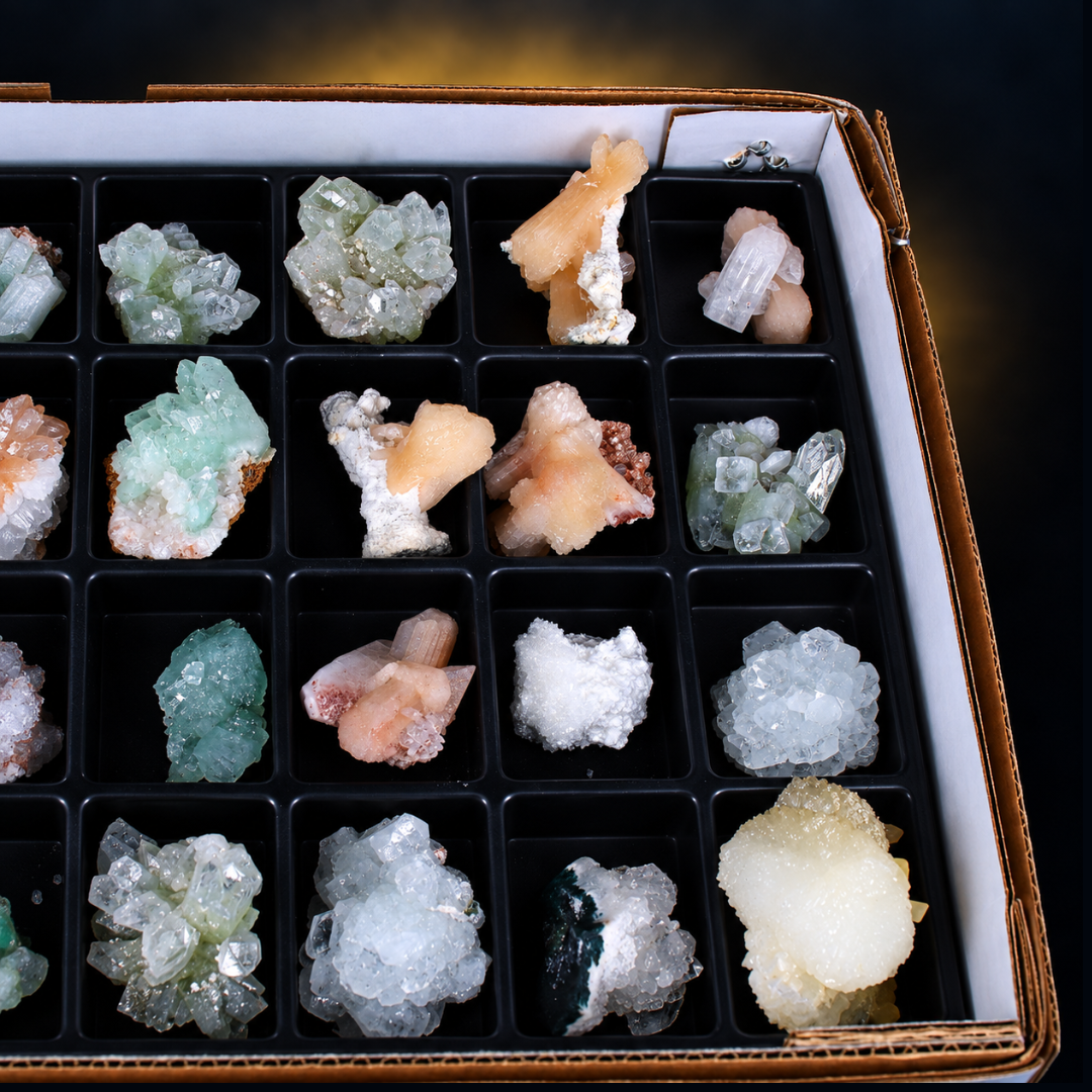 Mixed Natural Apophyllite, Stilbite, Calcite &amp; Quartz Crystal Lot – 32 Pieces