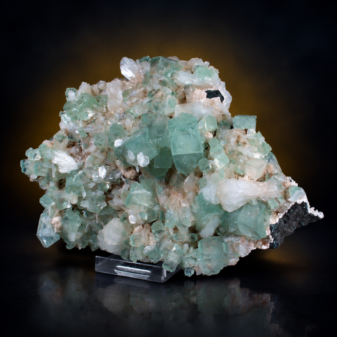 Natural Green Apophyllite with Heulandite Crystal Specimen – India