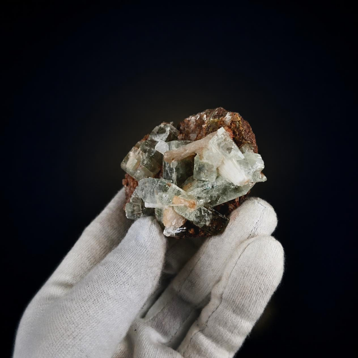 Green Apophyllite Crystal Cluster with Peach Stilbite on Matrix 8×6×4 cm | 120g
