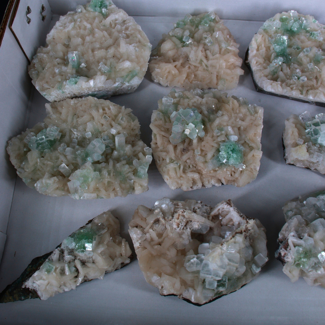 Natural Green Apophyllite with Stilbite &amp; Heulandite Crystal Lot – 13 PCS – Mineral Specimens from India