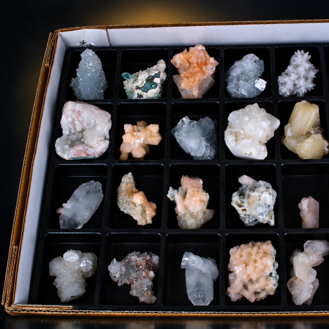 Mixed Natural Apophyllite, Stilbite &amp; Zeolite Mineral Lot – 32 Pieces