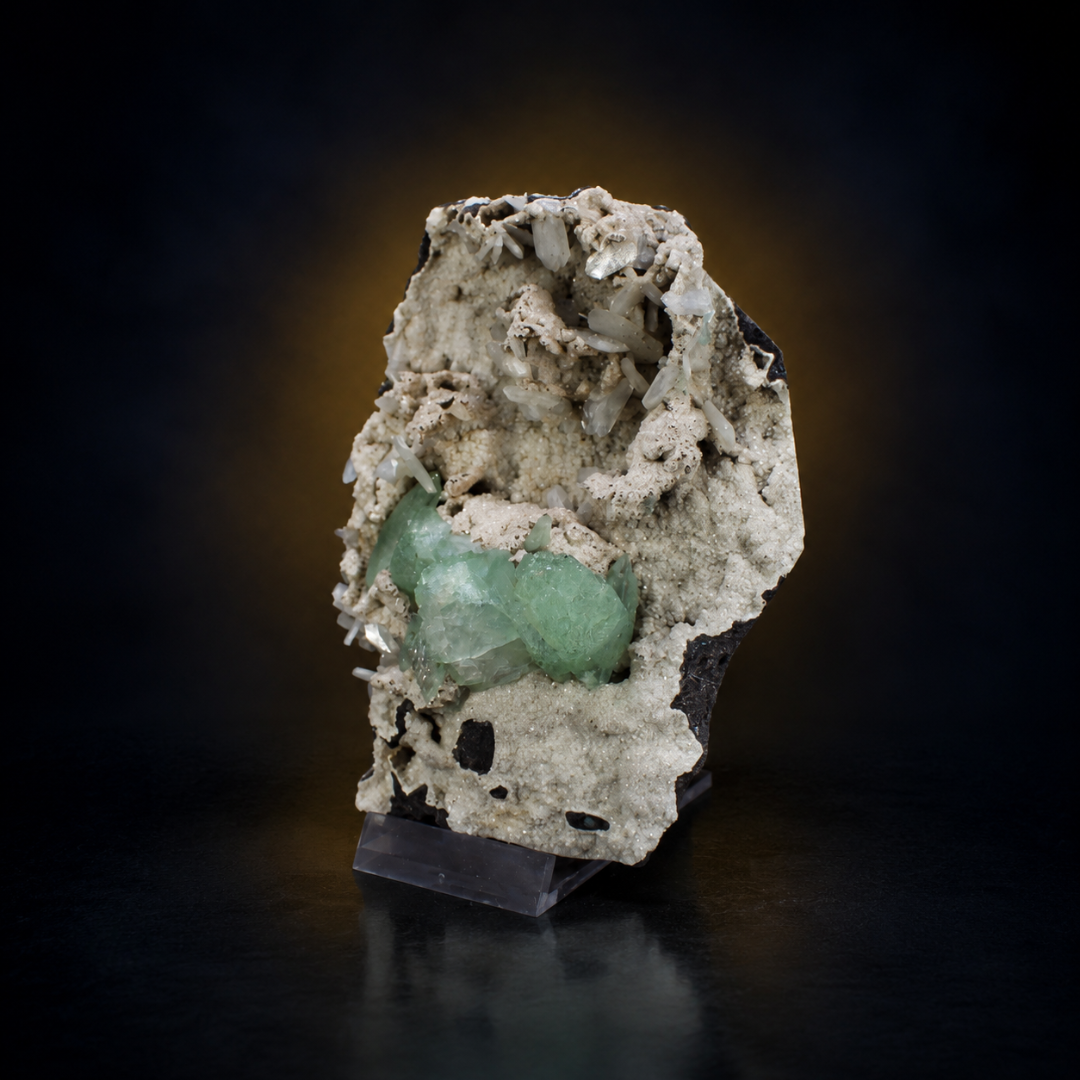 Natural Green Apophyllite with Heulandite Crystal Specimen – India