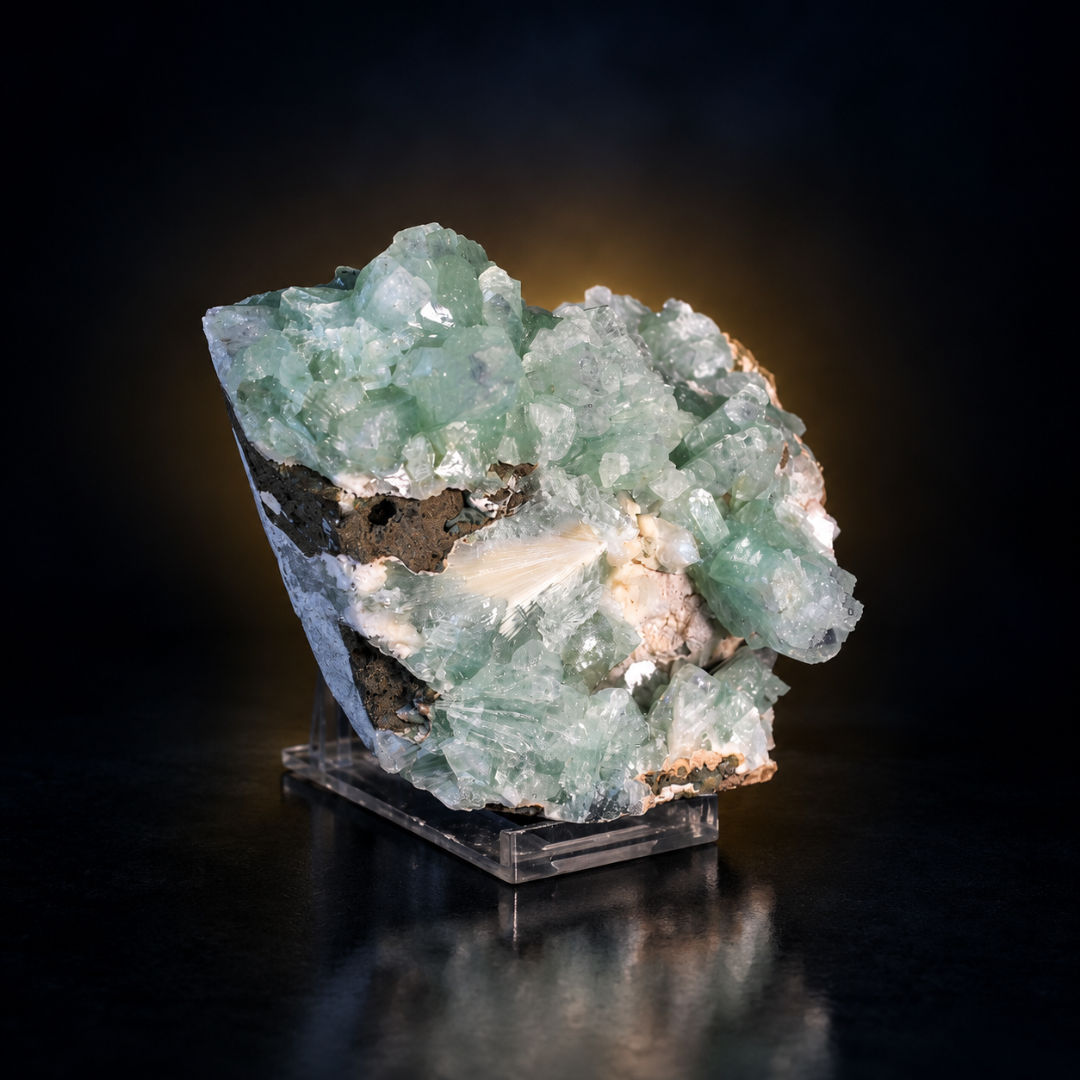 Natural Green Apophyllite with Heulandite & Scolecite Crystal Specimen – India
