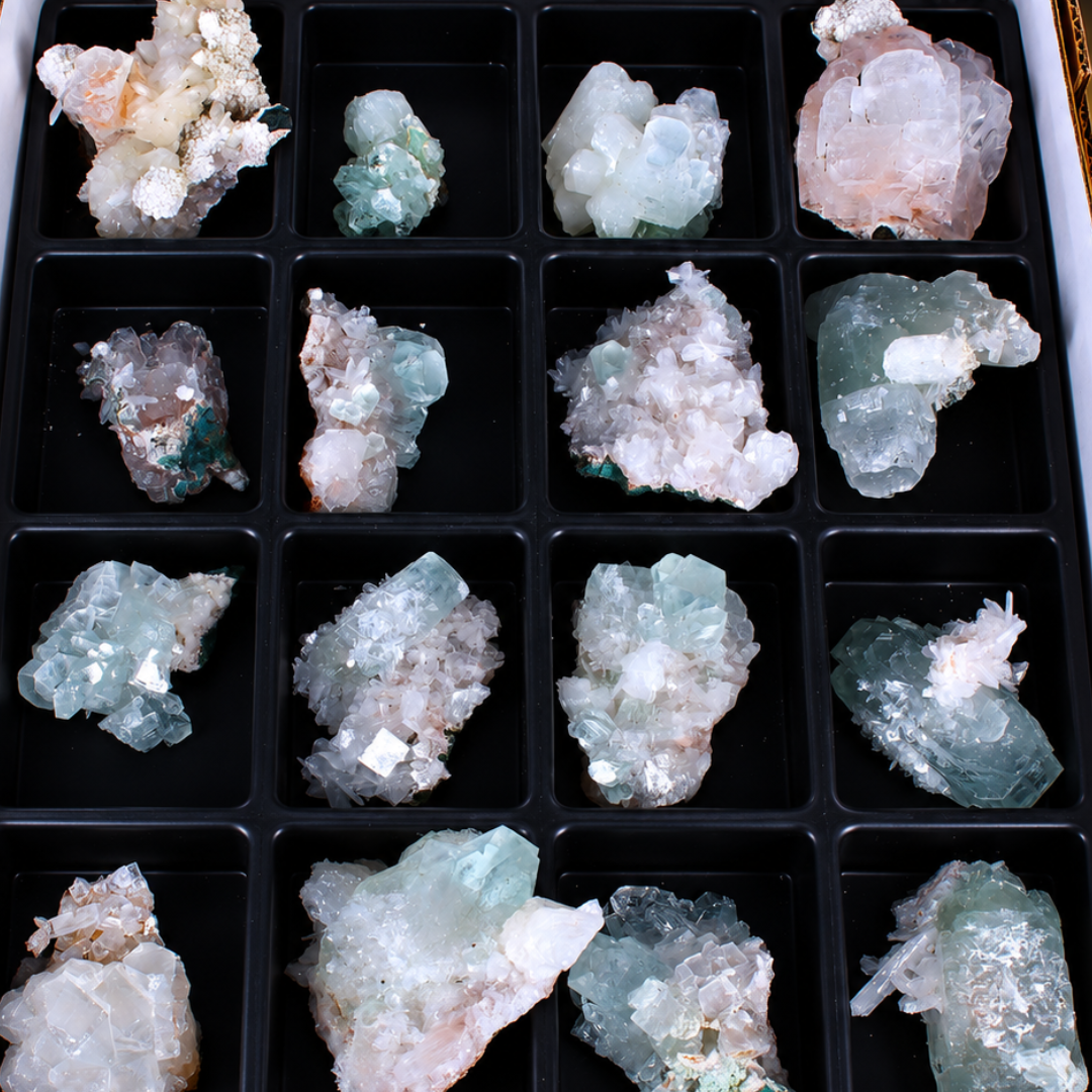 Natural Mixed Apophyllite &amp; Stilbite Crystal Specimen Lot – 32 Pieces