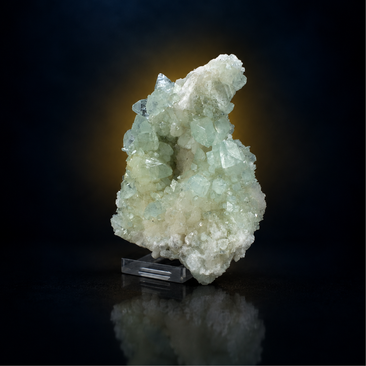 green Apophyllite crystals growing with white Stilbite and Heulandite