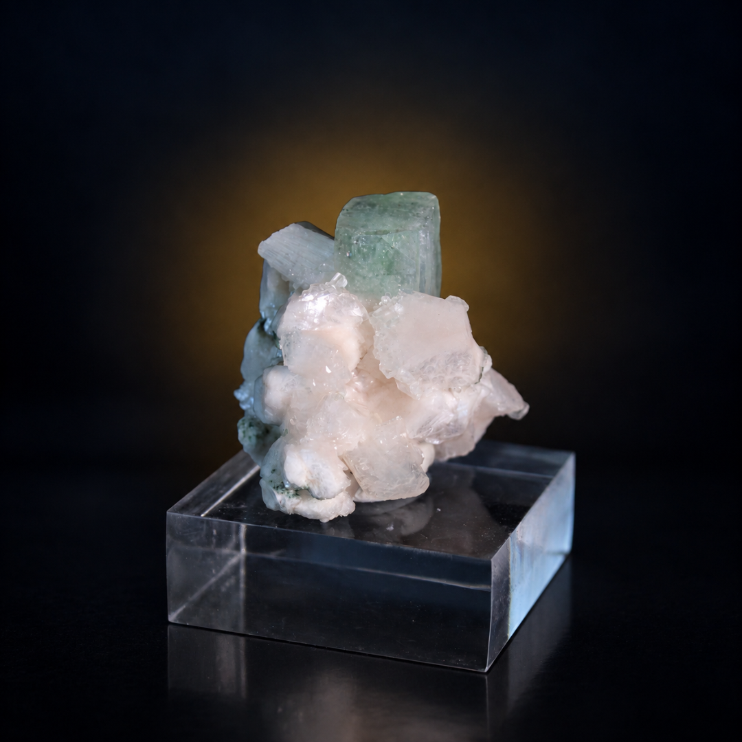 Natural Green Apophyllite Cube with Heulandite Crystal Matrix – Mineral Specimen from India