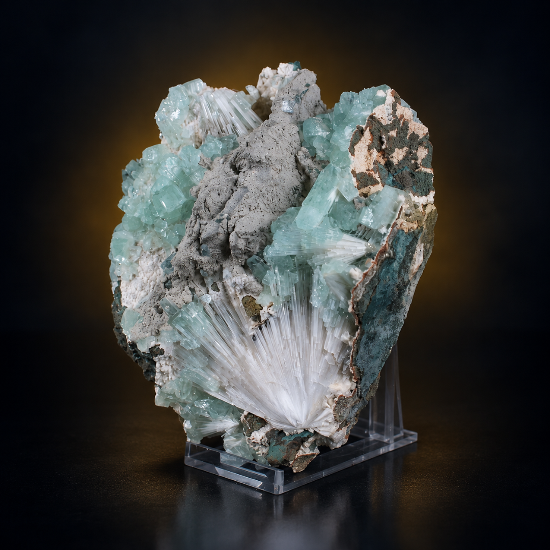 Natural Green Apophyllite with Scolecite Crystal Specimen – India