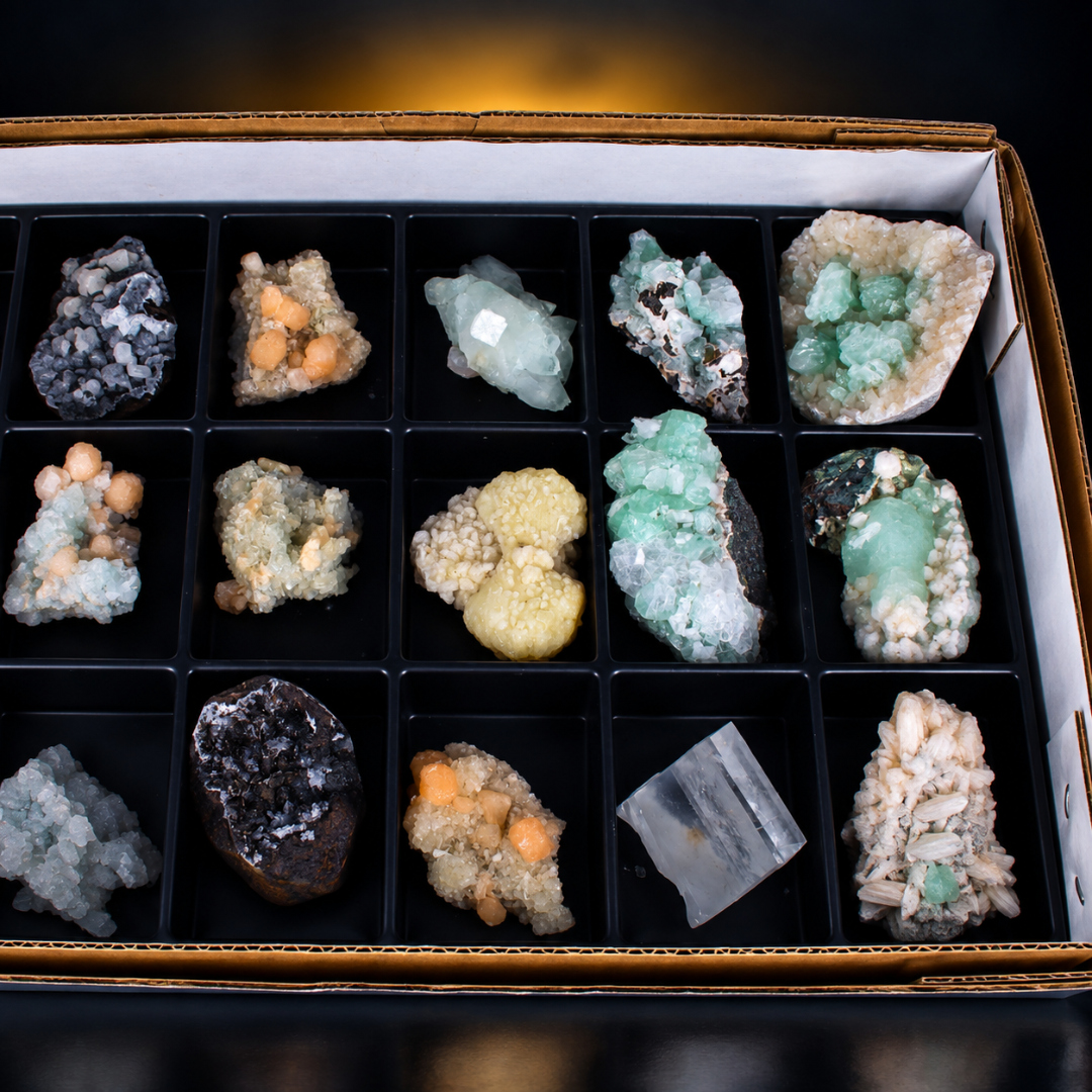 Mixed Green &amp; White Apophyllite, Stilbite &amp; Heulandite Mineral Lot – 32 Pieces