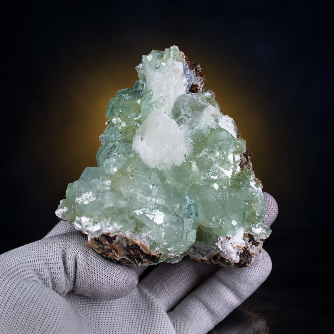 Natural Green Apophyllite with Heulandite Crystal Specimen – India