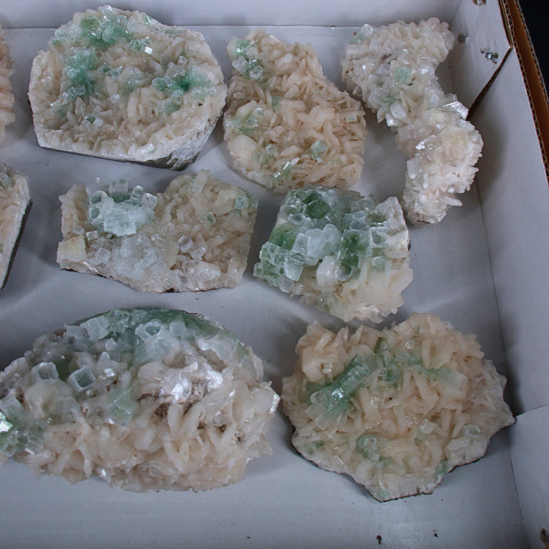 Natural Green Apophyllite with Stilbite &amp; Heulandite Crystal Lot – 13 PCS – Mineral Specimens from India