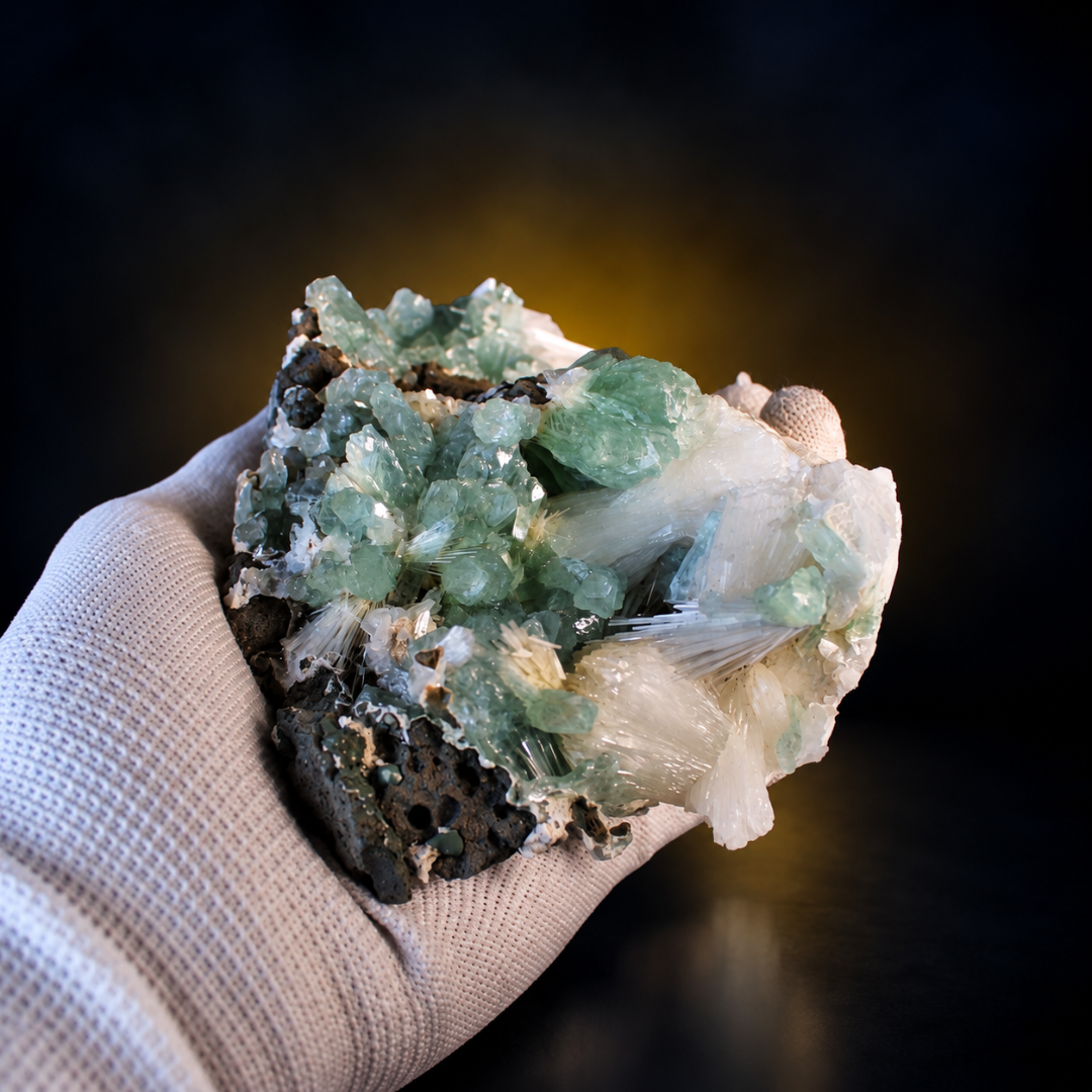 Natural Green Apophyllite with Heulandite & Scolecite Crystal Specimen – India
