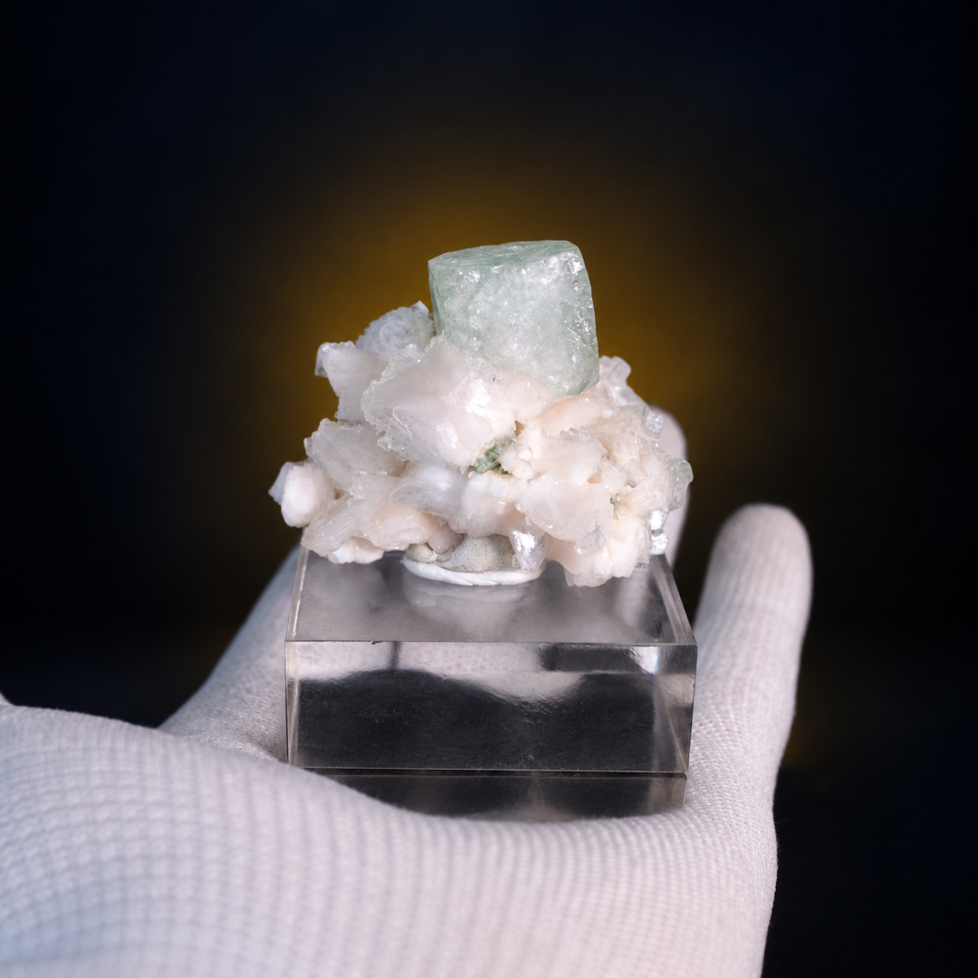 Natural Green Apophyllite Cube with Heulandite Crystal Matrix – Mineral Specimen from India