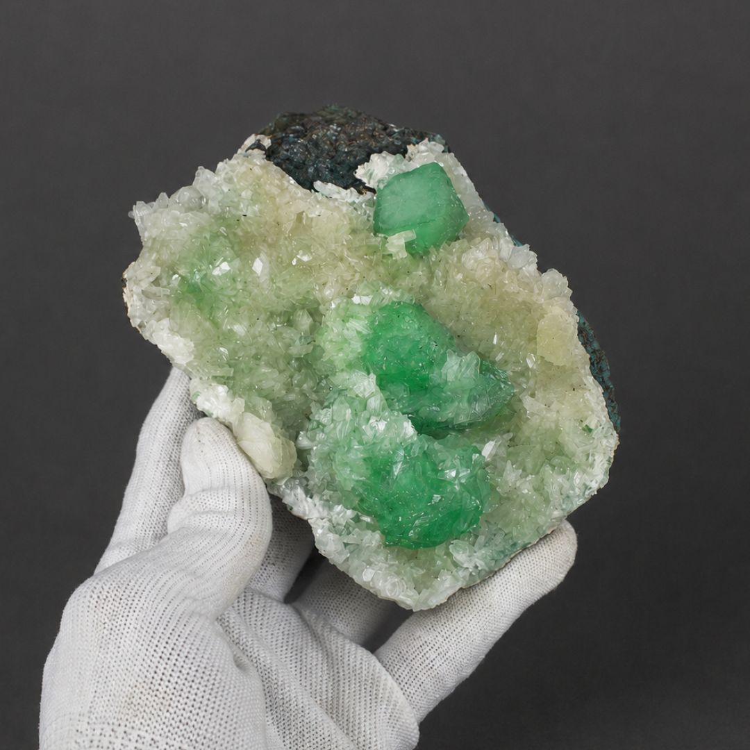 Green Apophyllite Crystals with White Stilbite on Contrasting Rock Matrix | 390 g | 13 × 10 × 3 cm