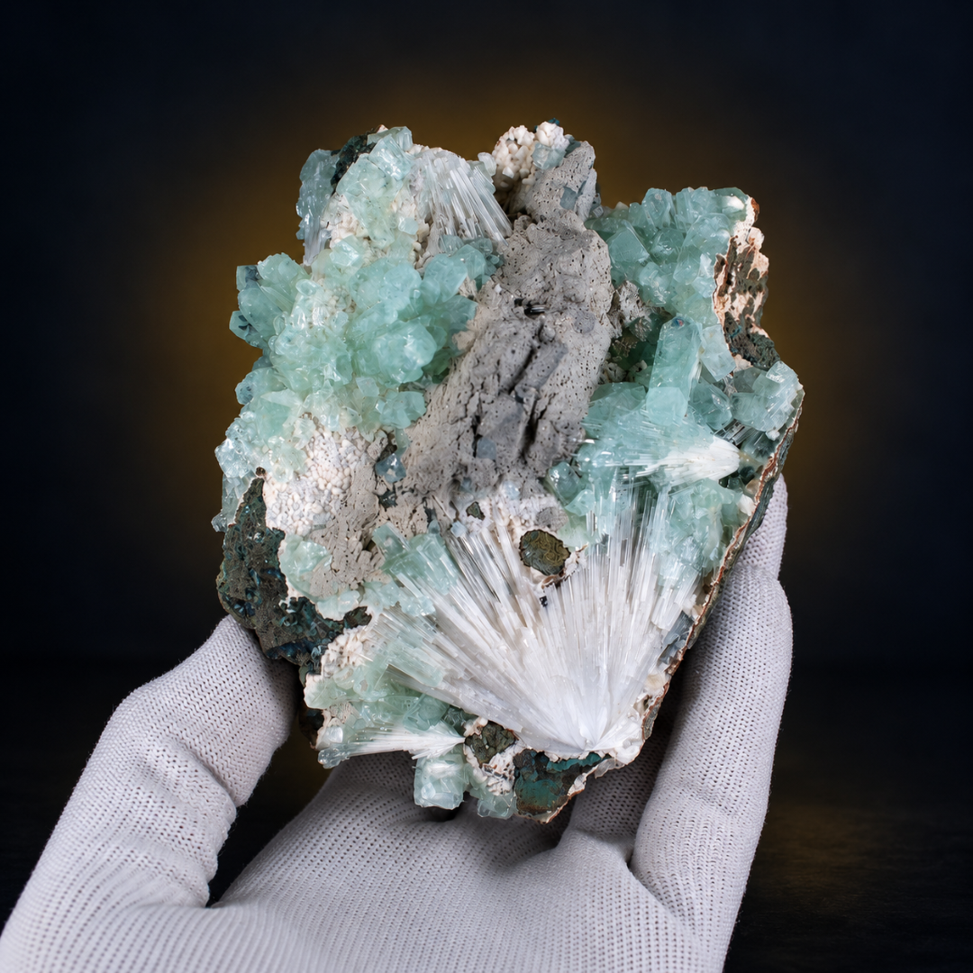 Natural Green Apophyllite with Scolecite Crystal Specimen – India