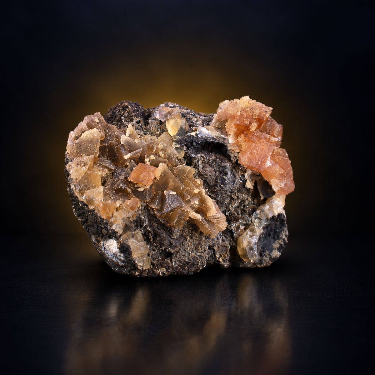 Tabular Red Calcite on Dark Rocky Matrix · 250 g · 9 × 7 × 4 cm