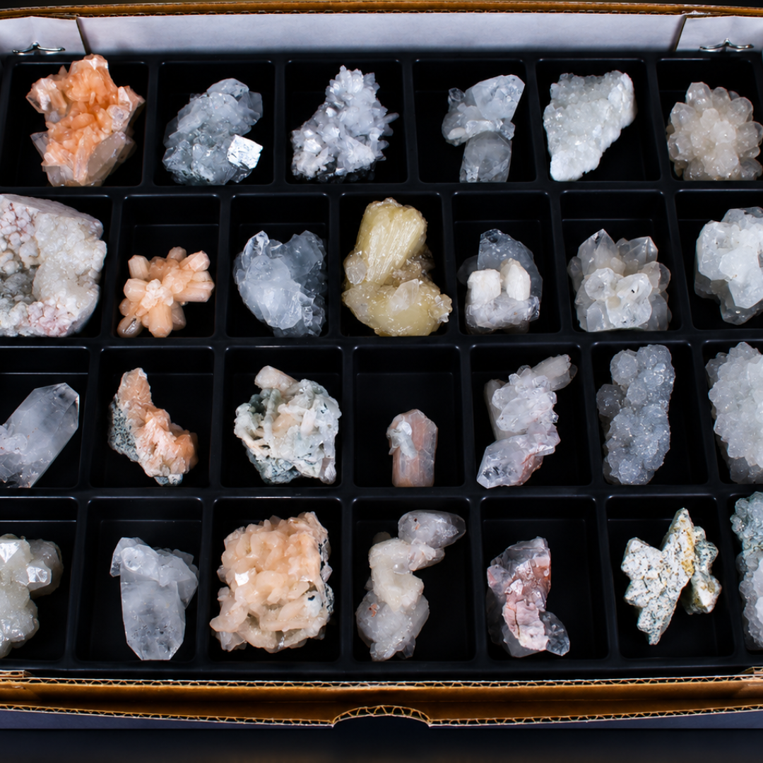 Mixed Natural Apophyllite, Stilbite &amp; Zeolite Mineral Lot – 32 Pieces